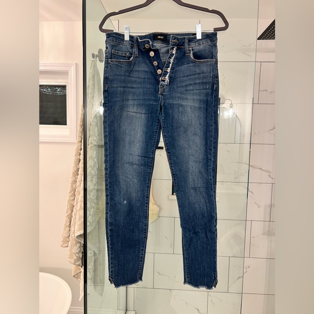 Medium/dark wash vervet jeans - high rise distressed details - multiple buttons